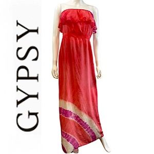 Gypsy05.EUC.Gorgeous 100% silk tie dye strapless maxi dress.Coral/White/Fushia.M